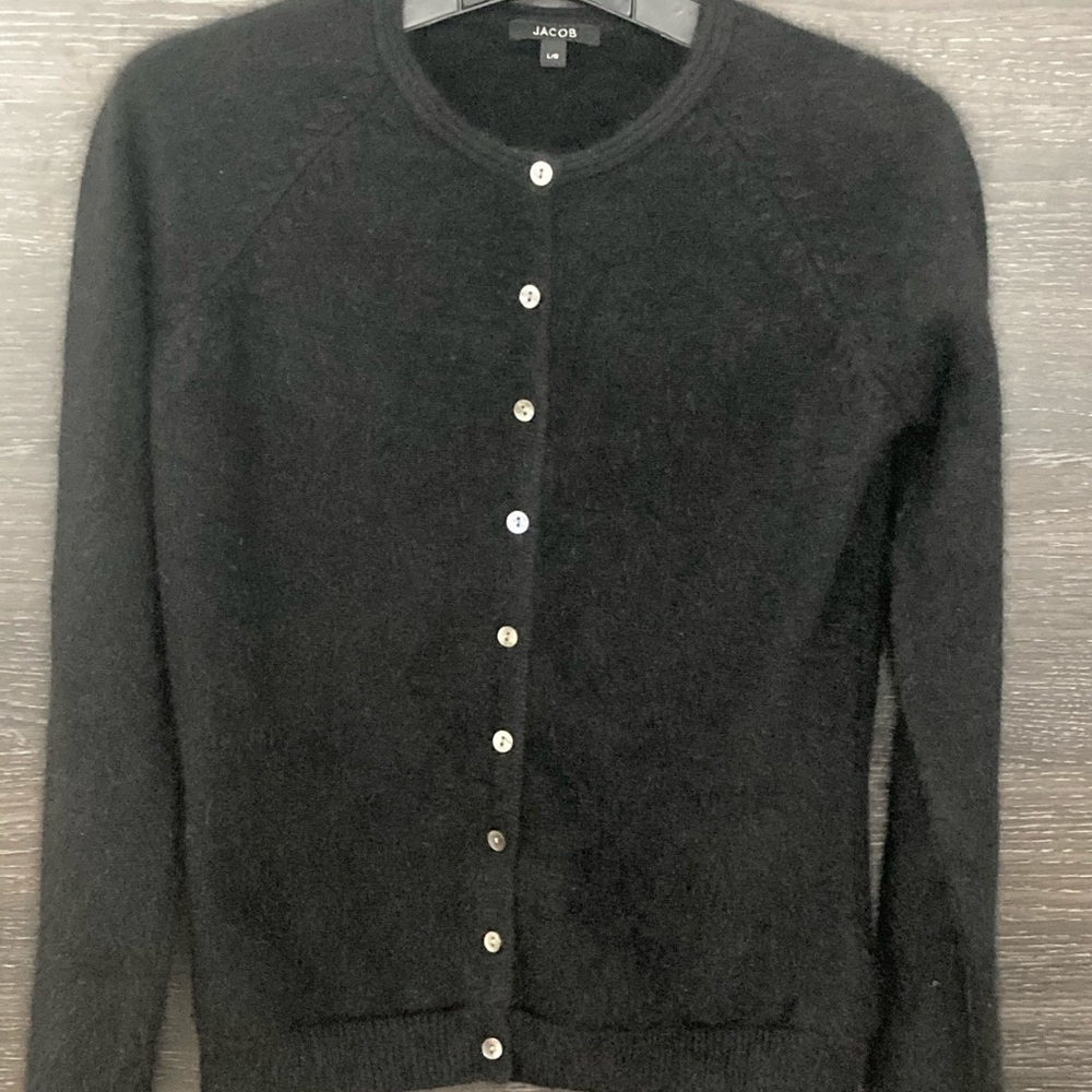 Jacob Black Fluffy Genuine Angora Cardigan with Shell Buttons in Size La…